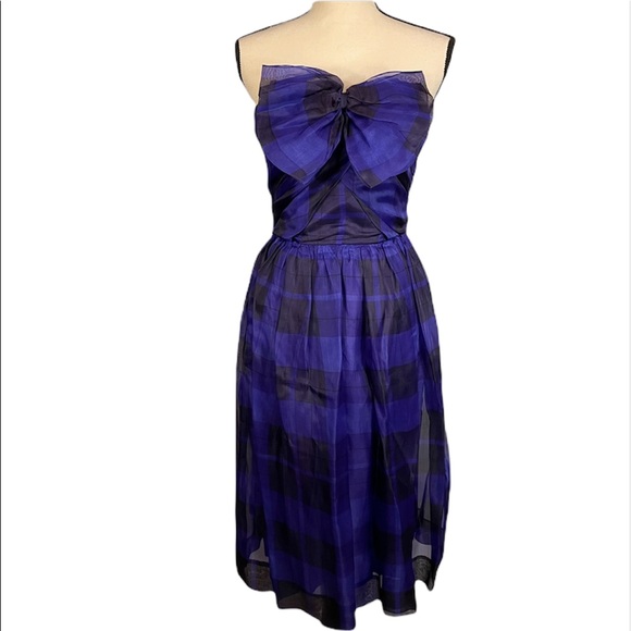 Vintage Albert Nipon Boutique 100% Silk Purple Plaid Bow Strapless Dress Size 6 - Picture 2 of 15